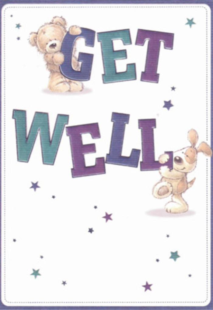 Captured with the same heartfelt touch found in bouquets arranged along Wimbledon's High Street, this get well card illustration offers a vignette of tenderness and encouragement. Two gentle friends-a fluffy bear with a friendly smile and a floppy-eared puppy with warm, lively eyes-nestle together, playfully holding up bold, cheerful letters spelling 'Get Well' in vibrant purple and teal tones. Sprinkled throughout are bursts of starlight: painterly stars in blues and purples, drifting like confetti over the scene, reminiscent of the uplifting spirit one feels in Wimbledon's leafy parks. The crisp cream background provides a sense of freshness and clarity, letting the warmth and comfort of the illustrated friends shine through. Each brushstroke is as carefully considered as the placement of a delicate bloom in a sympathy bouquet, with special attention given to the bear's soft fur and the dog's velvety ears, inviting the viewer to imagine the tactile embrace they offer. The card becomes an emotional salve, bridging the distance between sender and recipient-much as a thoughtfully delivered arrangement from Wimbledon Flowers carries reassurance and gentle cheer. It's a small but heartfelt celebration, perfect for anyone in need of a little light on the road to recovery in Wimbledon.