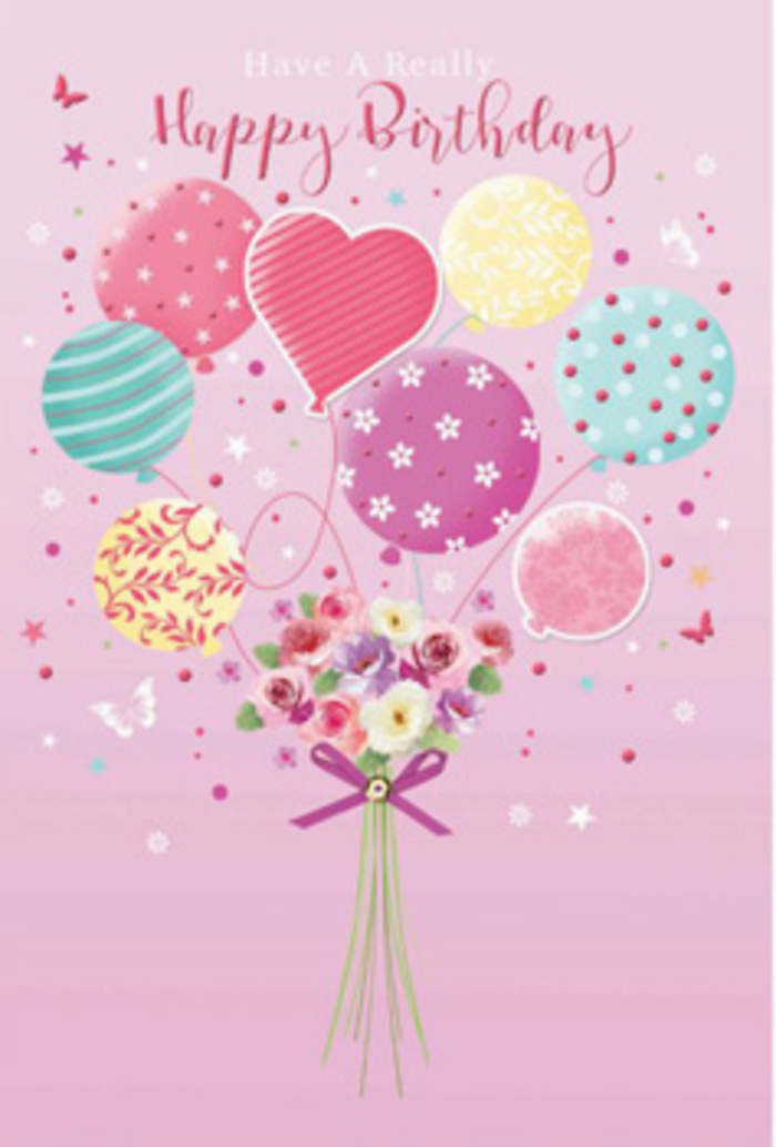 There is a feeling of gentle jubilation in this birthday artwork, as if a small garden from Wimbledon has taken flight on a cluster of pastel balloons. The background is a smooth, reassuring pink that frames the composition without competing with it. At the top, a bouquet of balloons appears to float weightlessly, rendered in soft hues of sunshine yellow, rose pink, lavender, and cool teal. Each balloon is decorated with a different playful pattern-spiralling ribbons, tiny polka dots, delicate floral shapes-and they gather together like friends at a birthday picnic on Wimbledon Common. In their midst, a central heart-shaped balloon glows with quiet warmth, echoing the love behind the occasion. Anchoring this airy ensemble, a hand-tied bouquet of petite roses and daisy-like blooms sits at the base. The petals are shaded with great care, moving from creamy ivory to blush and muted mauve, as if just brushed by the first light of day over Wimbledon Park. The flowers feel lush and freshly arranged, their imagined scent soft and comforting, while a sparkling purple satin bow cinches the stems neatly, adding a refined touch that speaks of an expert florist's hand. Tiny butterflies and scattered star shapes drift around the design, creating a sense of movement, like gentle breezes swirling down Wimbledon Hill. Overall, the composition is both playful and elegant, ideal for a birthday greeting that wants to feel special and considered, much like a thoughtfully chosen birthday bouquet ordered from a favourite local shop and delivered to a doorstep somewhere along the quiet streets of SW19.