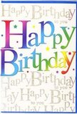 The scene features a delightfully festive birthday card that radiates colour and sparkle, like a party ready to begin in a cosy Wimbledon living room. Across the front, the phrase Happy Birthday stretches in bold, rounded letters that seem to dance from one side of the card to the other. Each letter wears its own bright shade, forming a continuous rainbow that flows from intense reds and vivid pinks through glowing oranges and sunlit yellows, into lively greens, aquatic blues, and velvety purples. The transitions between the colours are soft and painterly, as if the hues are gently blending into one another, echoing the varied tones you might see in a mixed floral arrangement from a local Wimbledon florist. Behind this jubilant main message, the background is filled with fine, looping script rendered in shimmering gold. The phrase Happy Birthday to you is written again and again in graceful cursive, the metallic ink catching and reflecting light so that the words glimmer subtly, like the last rays of evening sun touching the tops of trees on Wimbledon Common. Specks of sparkle appear between the lines, adding the impression of scattered stardust or confetti frozen mid-flight. The surface of the card looks smooth and slightly glossy, suggesting a quality finish that would feel sleek and pleasant to touch. Altogether, the design conveys a mood of pure celebration-bright, affectionate, and full of warmth. One can easily imagine this card standing next to a colourful birthday bouquet on a table by a Wimbledon bay window, its rainbow lettering and golden script helping to turn an ordinary day into a cherished, memorable birthday moment.