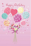 A whimsical birthday illustration unfolds like a daydream set over Wimbledon, where pastel balloons and a graceful bouquet appear to float together in soft, celebratory harmony. The backdrop is a pale, blush pink that sets a tender mood and allows the colours to breathe. Rising from the lower edge, a cluster of balloons drifts upward in shades of gentle pink, sea green, lemon yellow, and lavender. Each balloon has a distinct personality: some twist with candy-coloured stripes, others seem to giggle with playful polka dots, while a central heart-shaped balloon glows gently, radiating affection. Tied beneath this cluster is a lush, compact bouquet made up of delicate roses and anemone-like blossoms. Their petals cluster together in creamy ivory, blush, and soft mauve tones, so finely drawn that you can almost feel their feathery texture. A violet satin bow wraps the stems snugly, adding a hint of sheen, like the finishing touch from a florist at Wimbledon Flowers preparing a birthday delivery to a home near the village. Around the scene, tiny stars and butterflies are scattered, adding a touch of fairy-tale wonder, as if caught in a warm summer breeze flowing across Wimbledon Common. Gentle light glides over the balloons, giving them a soft, glossy shine, and rests on the petals, highlighting their natural, velvety glow. The result is an image that feels airy and sweet, capturing the joy, tenderness, and sense of occasion that make a birthday truly memorable-perfect for anyone who loves flowers, celebrations, and the charming character of Wimbledon.