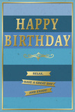 The birthday card pictured here radiates calm sophistication, its layered blues and golden accents combining to create a quietly joyful mood that suits Wimbledon's relaxed, village-like atmosphere. The background is made up of wide horizontal stripes, each stripe a different shade of blue, blending seamlessly from deep navy at the top through denim and teal to softer ocean and sky tones near the bottom. This gentle ombré effect evokes the sense of watching daylight shift over the local tennis courts or the open spaces of Wimbledon Park. Centred prominently across these blues is the message HAPPY BIRTHDAY, presented in large, embossed gold capitals. The gold finish is softly reflective, giving the text a warm glow rather than a harsh shine, and the raised letters would feel smooth and distinct under the fingers. Below the greeting, a fine golden flourish runs in a shallow arc, a decorative line that introduces a hint of classic elegance, like a subtle piece of jewellery. Under this flourish, three slim gold banners extend horizontally in a neat stack. Together, their short phrases form the friendly sentiment Relax, have a great day and enjoy!, the wording simple and sincere, encouraging the recipient to pause and appreciate their celebration. A thin gold border encloses the card's design all the way around, drawing the eye inward and completing the composition like a frame around a painting. The overall impression is one of balance, restfulness, and understated festivity. You can easily imagine this card standing beside a vase of fresh birthday blooms on a windowsill overlooking Wimbledon Village, or on a breakfast table near Dundonald Road, bringing a gentle, composed touch of birthday cheer.